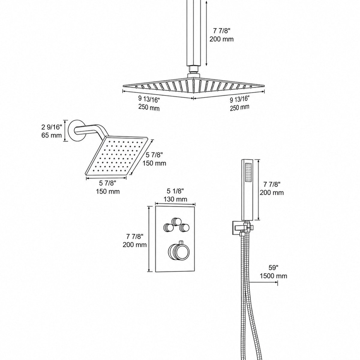 Ceiling-Mounted Dual-Head Shower System with Adjustable Wall Spray and Handheld