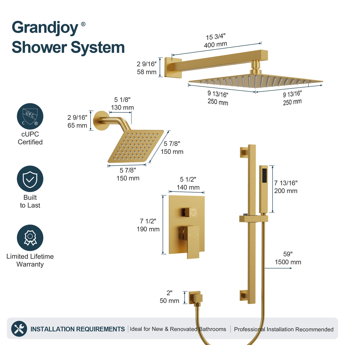 Square Wall-Mounted Dual Shower System with Adjustable Handheld