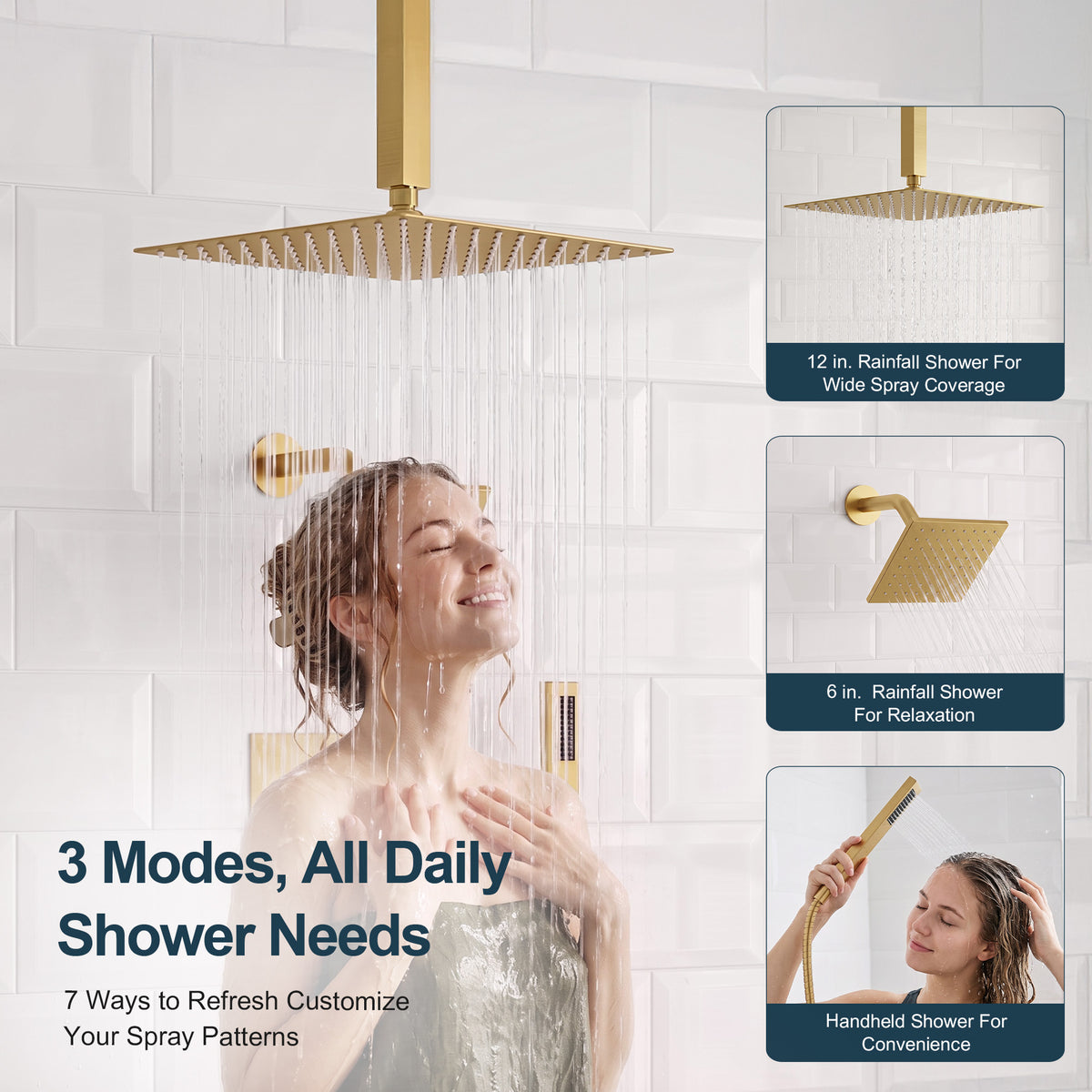 Ceiling-Mounted Dual-Head Shower System with Adjustable Wall Spray and Handheld