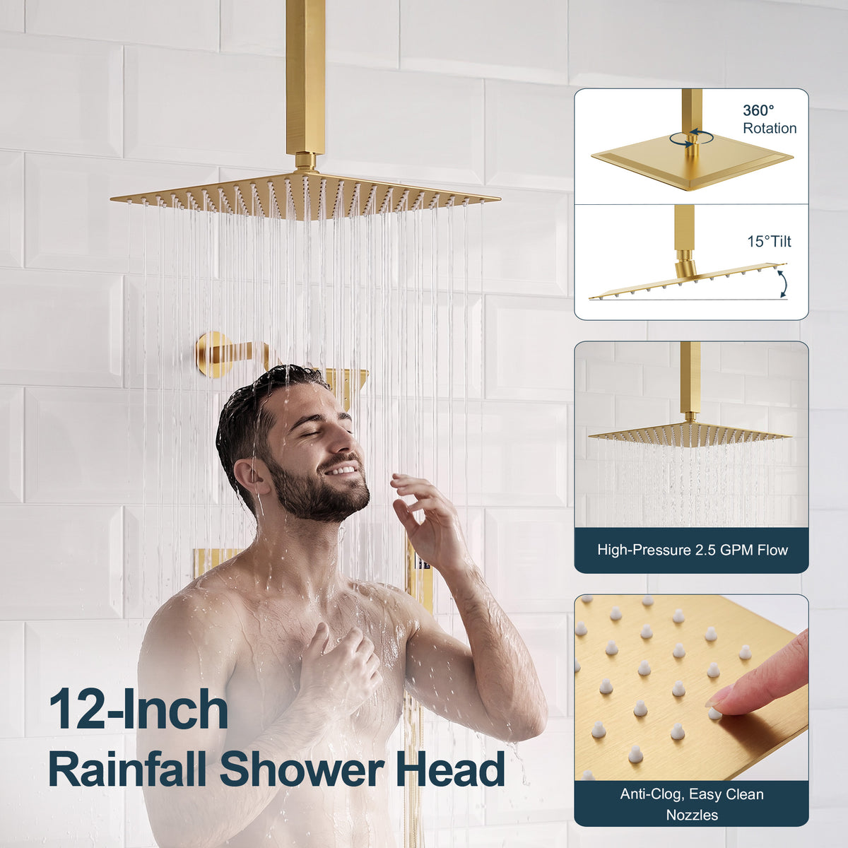 Ceiling-Mounted Dual-Head Shower System with Adjustable Wall Spray and Handheld