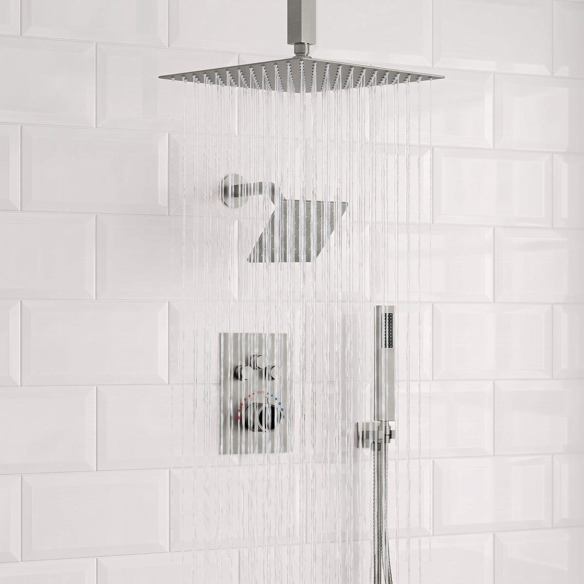 Ceiling-Mounted Dual-Head Shower System with Adjustable Wall Spray and Handheld