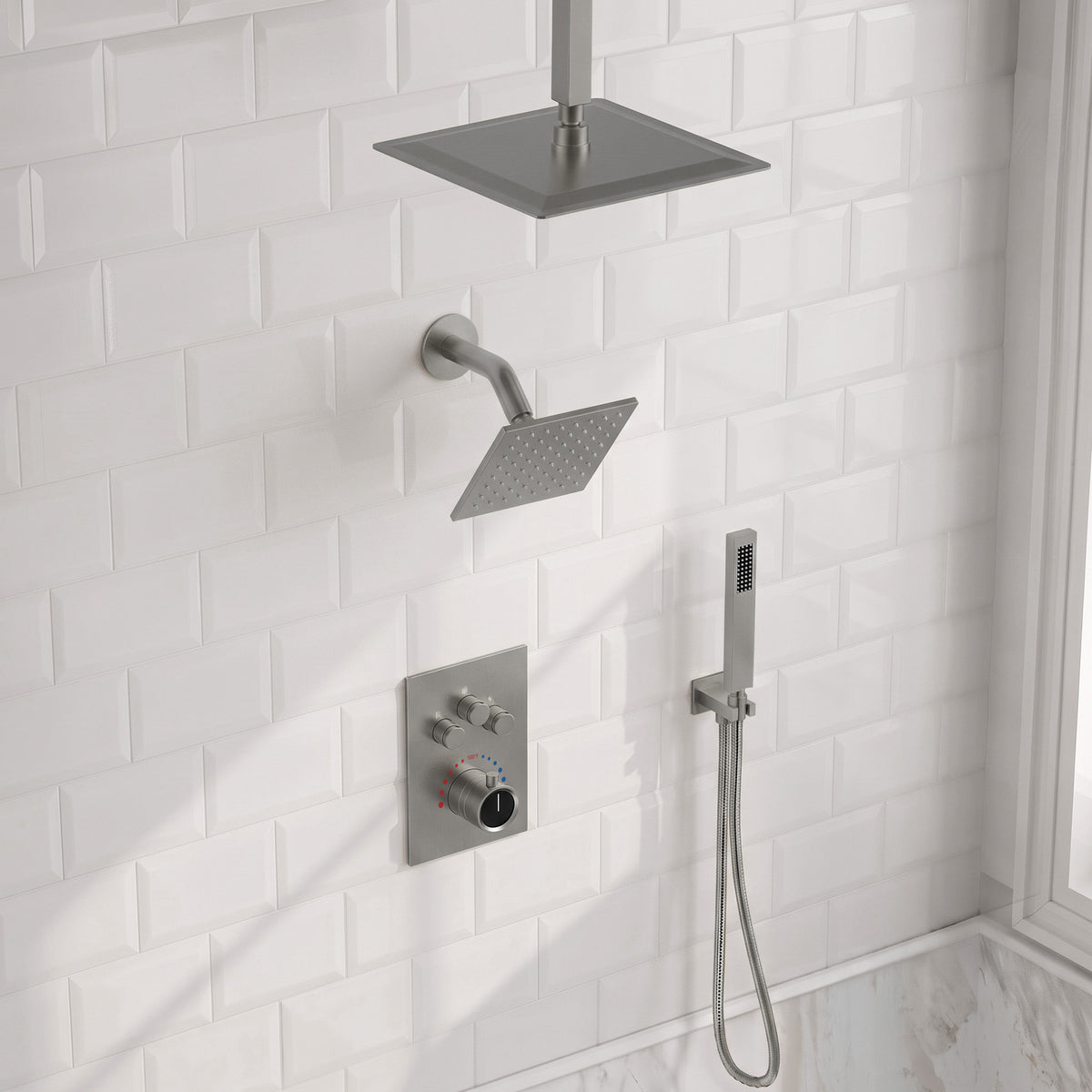 Ceiling-Mounted Dual-Head Shower System with Adjustable Wall Spray and Handheld