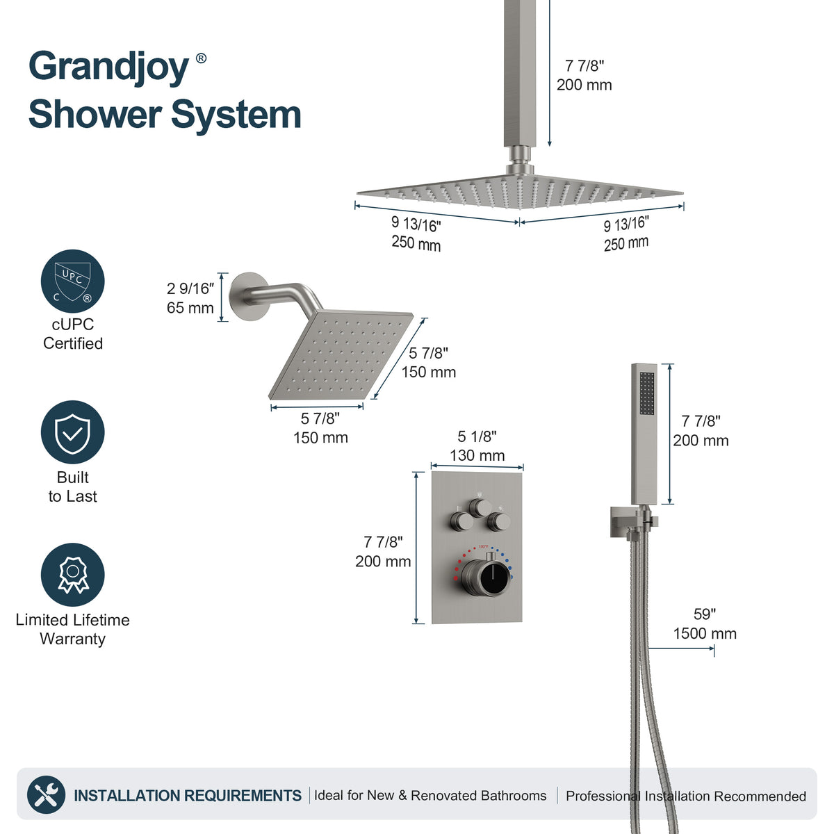 Ceiling-Mounted Dual-Head Shower System with Adjustable Wall Spray and Handheld