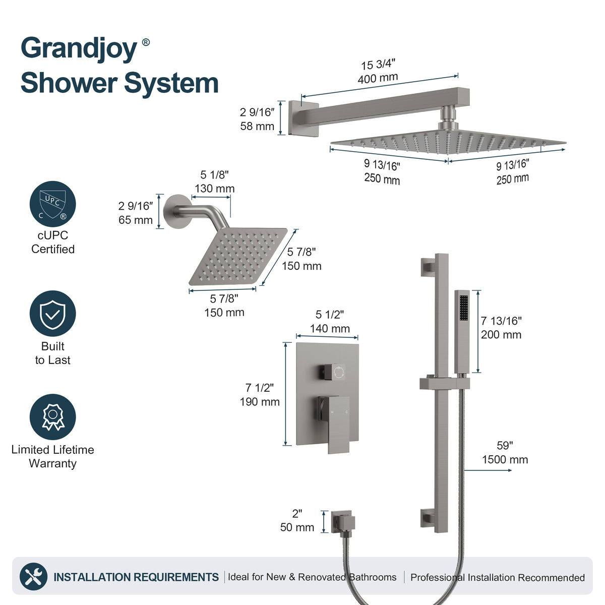 Square Wall-Mounted Dual Shower System with Adjustable Handheld