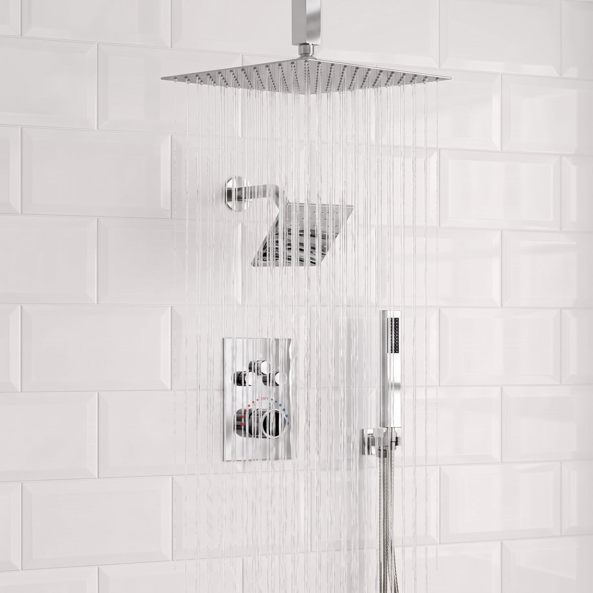 Ceiling-Mounted Dual-Head Shower System with Adjustable Wall Spray and Handheld