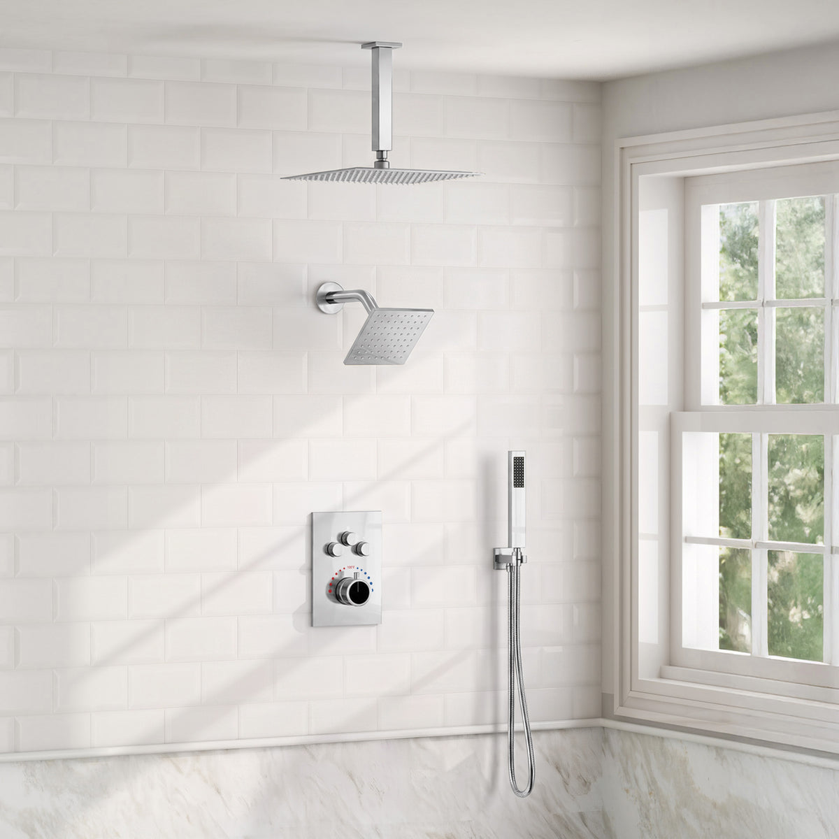 Ceiling-Mounted Dual-Head Shower System with Adjustable Wall Spray and Handheld