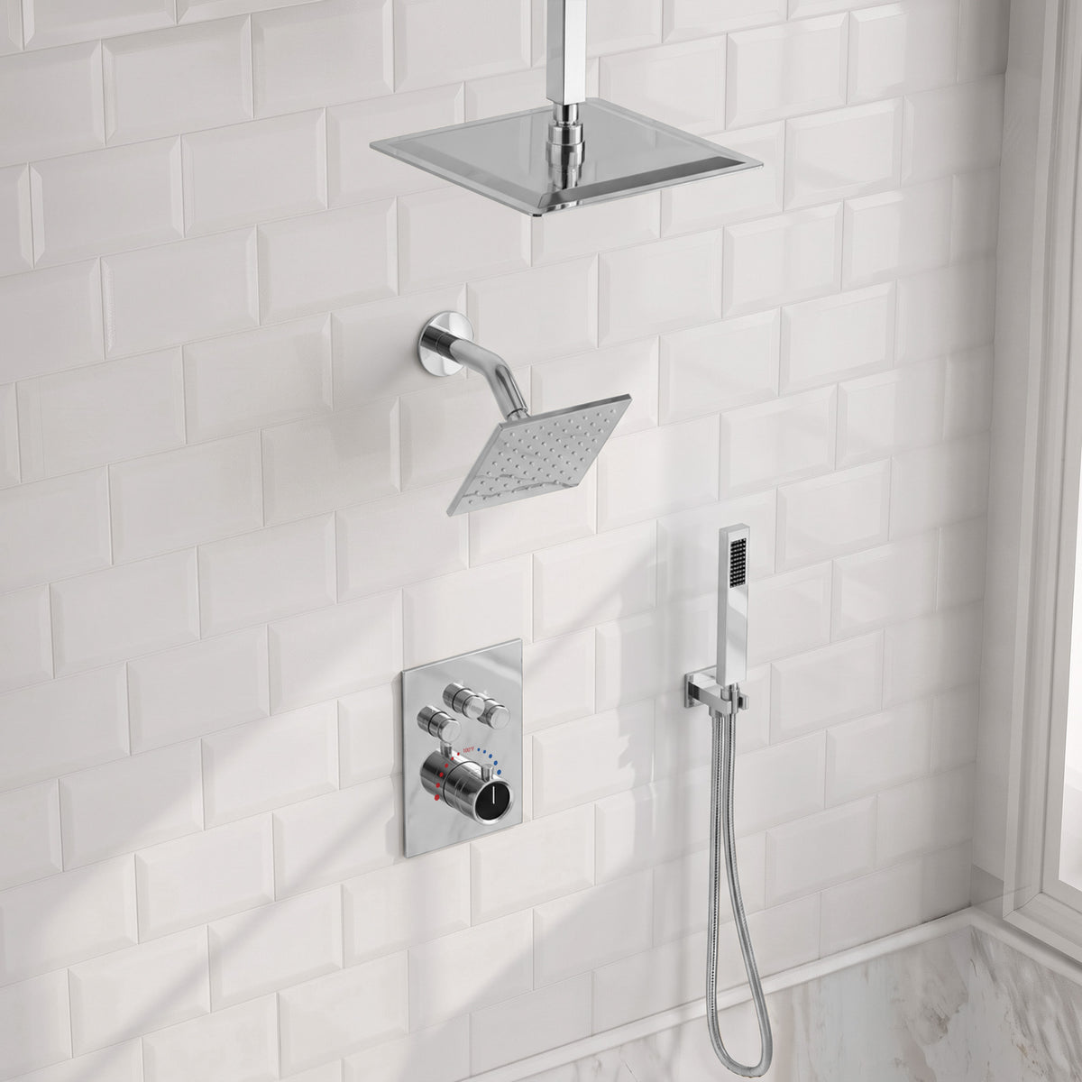 Ceiling-Mounted Dual-Head Shower System with Adjustable Wall Spray and Handheld