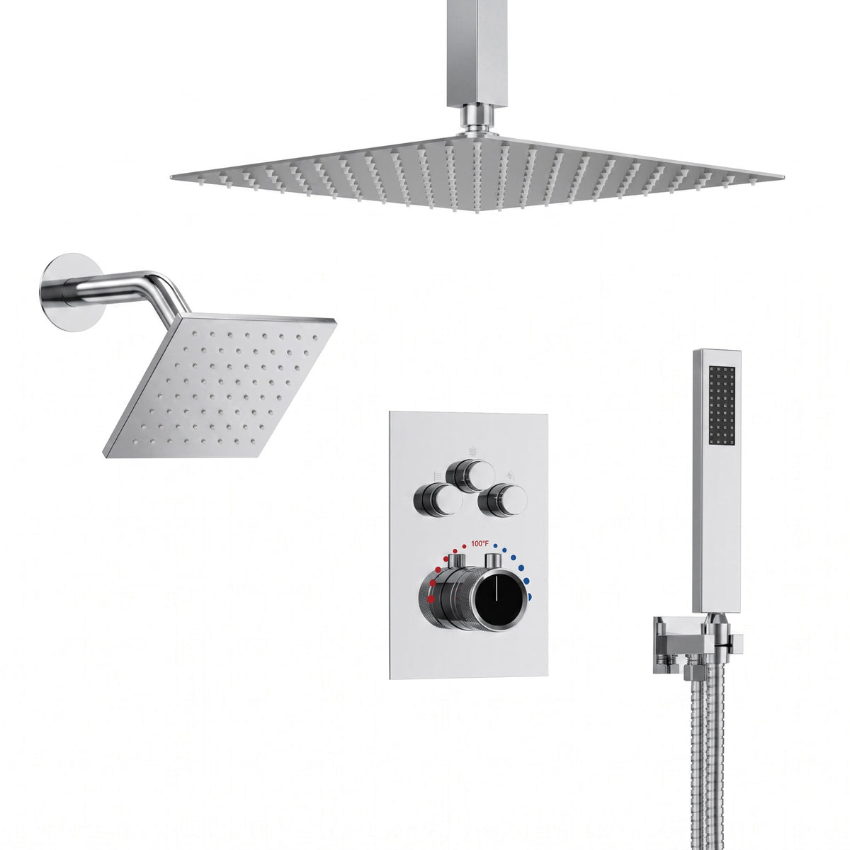 Ceiling-Mounted Dual-Head Shower System with Adjustable Wall Spray and Handheld