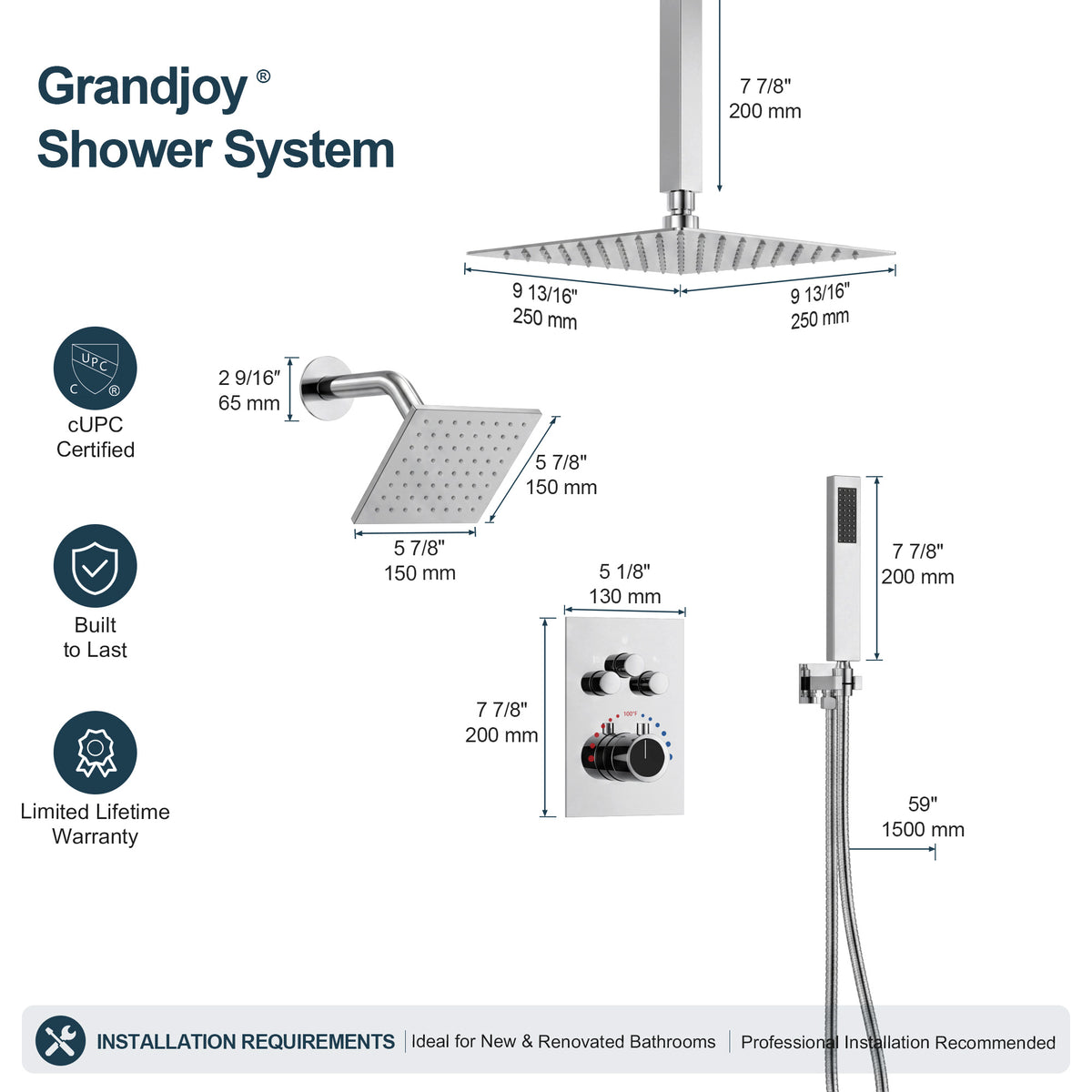 Ceiling-Mounted Dual-Head Shower System with Adjustable Wall Spray and Handheld