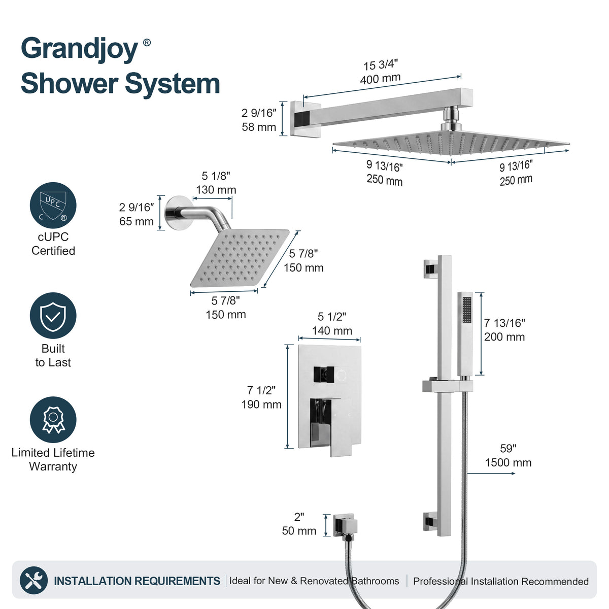 Square Wall-Mounted Dual Shower System with Adjustable Handheld