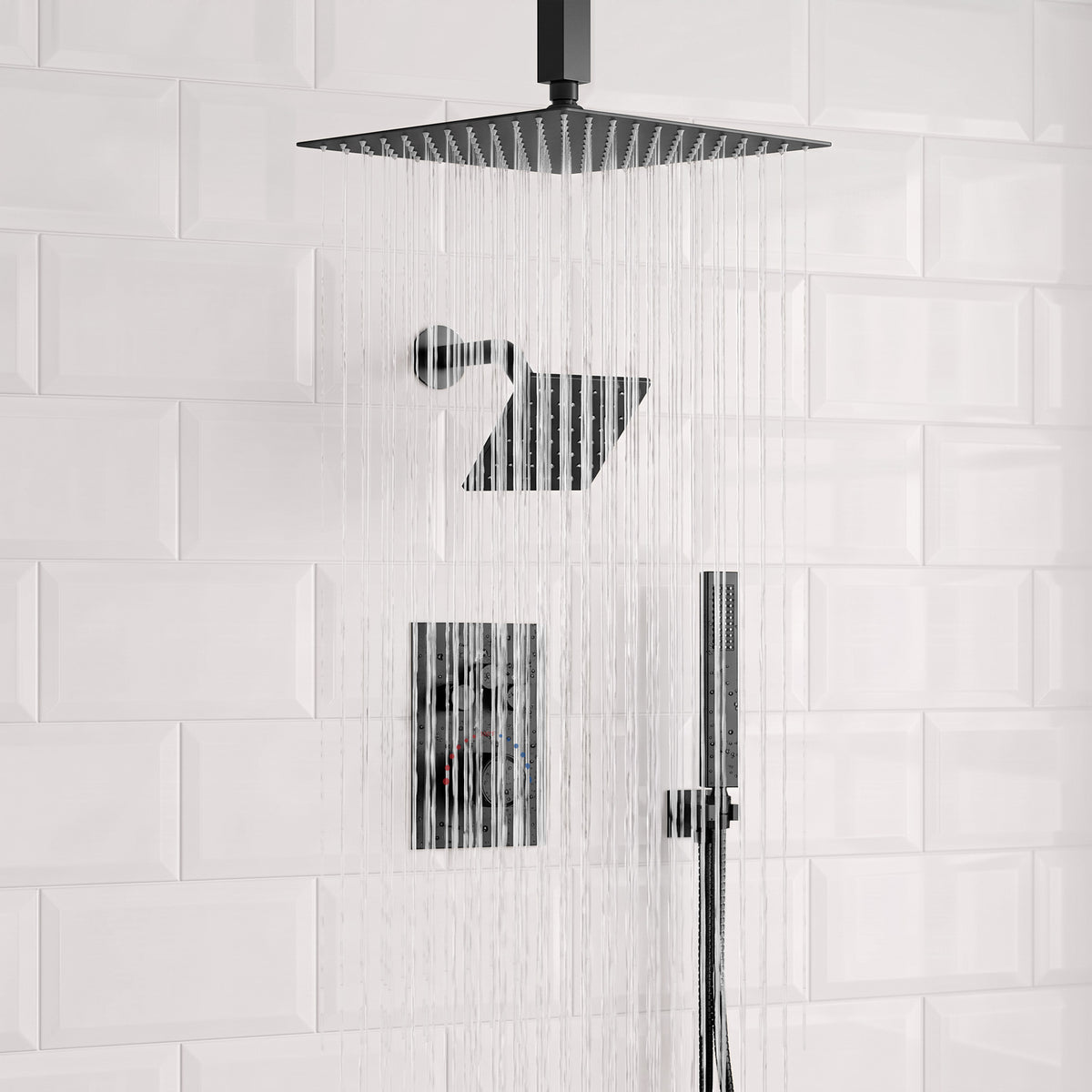 Ceiling-Mounted Dual-Head Shower System with Adjustable Wall Spray and Handheld