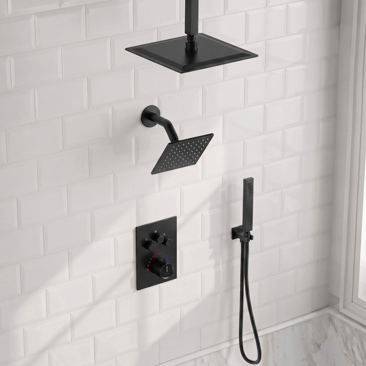 Ceiling-Mounted Dual-Head Shower System with Adjustable Wall Spray and Handheld