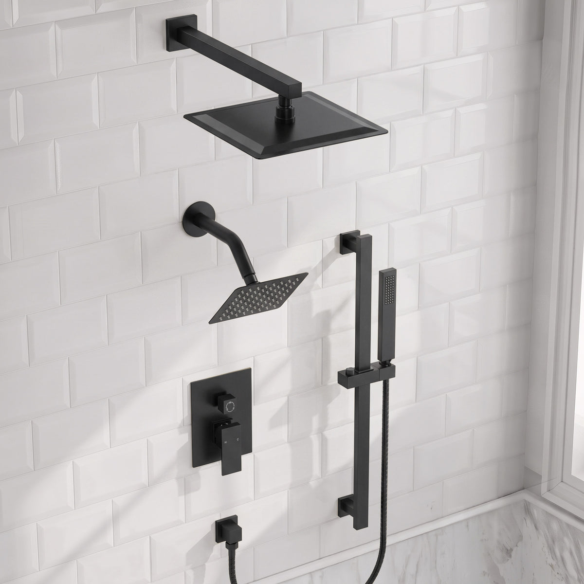 Square Wall-Mounted Dual Shower System with Adjustable Handheld