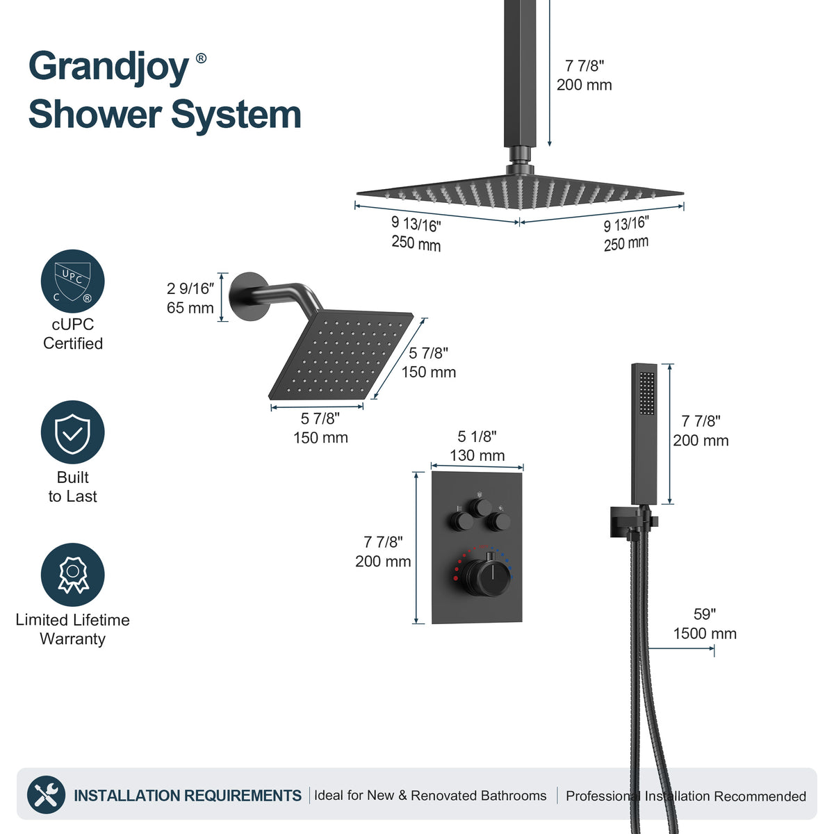 Ceiling-Mounted Dual-Head Shower System with Adjustable Wall Spray and Handheld