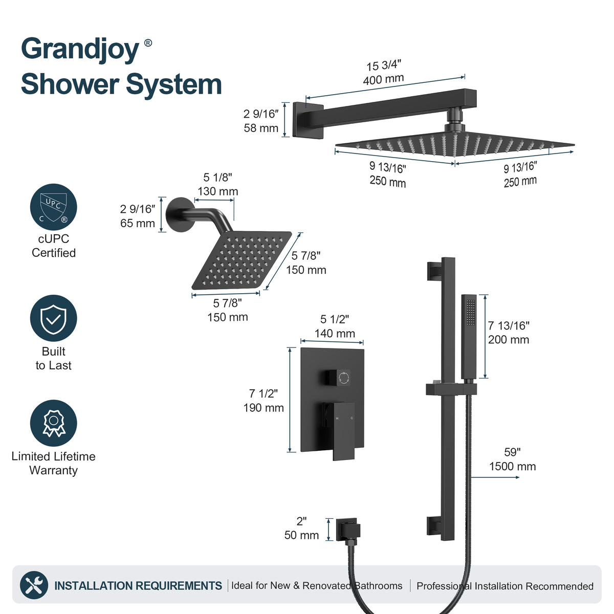 Square Wall-Mounted Dual Shower System with Adjustable Handheld