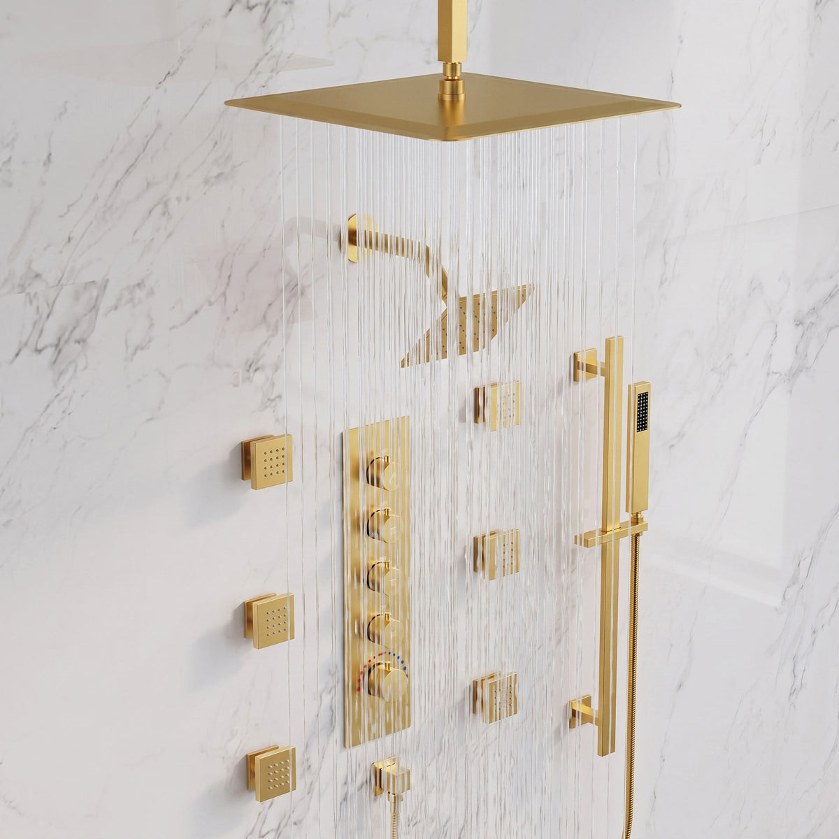 Ceiling-Mounted Thermostatic Dual Rainfall Shower System with Handheld