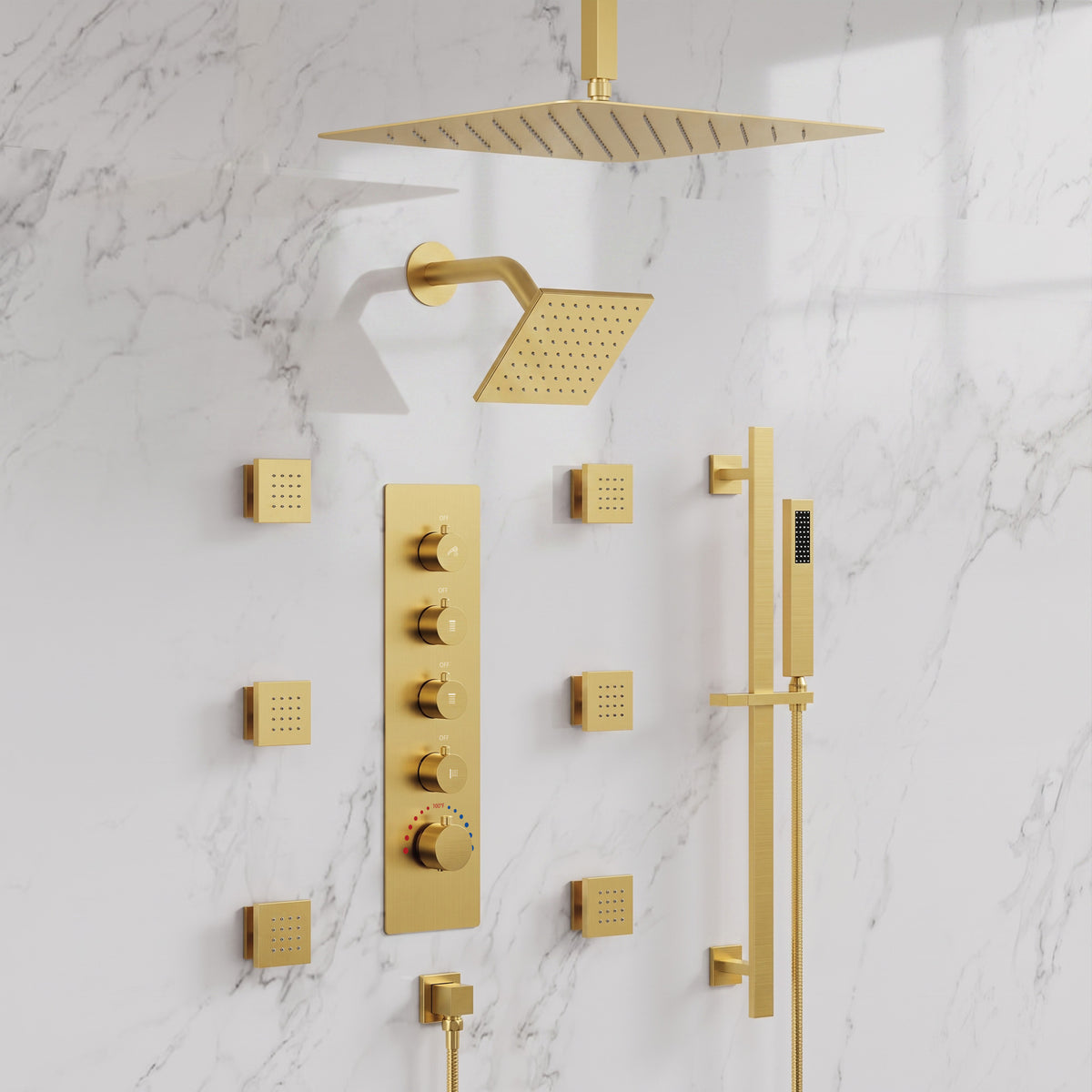 Ceiling-Mounted Thermostatic Dual Rainfall Shower System with Handheld