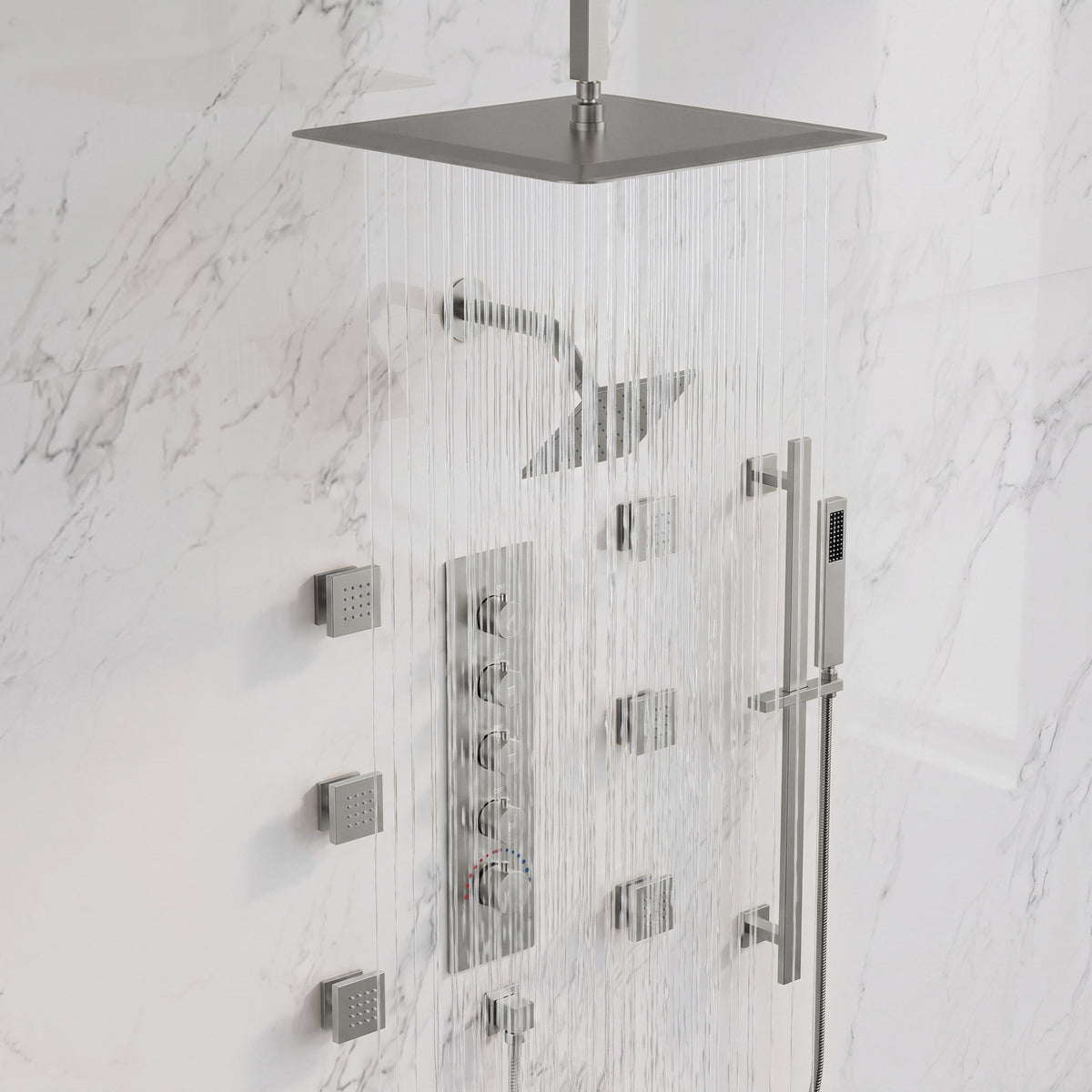 Ceiling-Mounted Thermostatic Dual Rainfall Shower System with Handheld