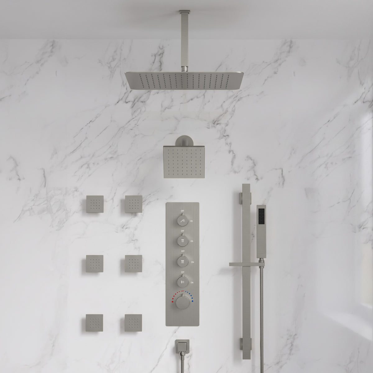 Ceiling-Mounted Thermostatic Dual Rainfall Shower System with Handheld