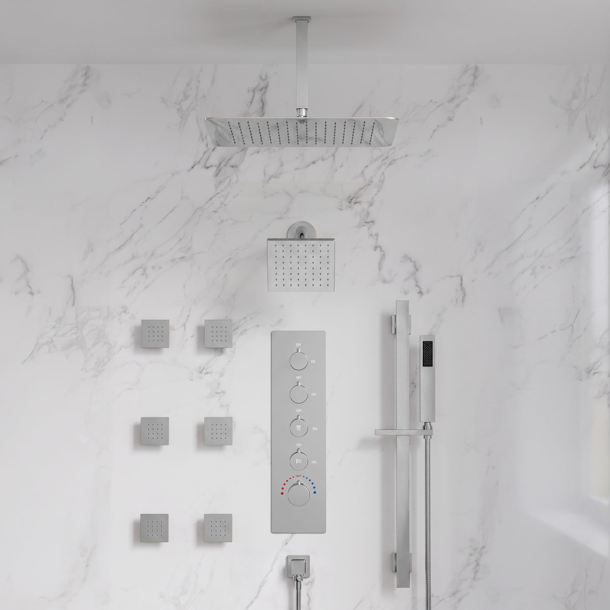 Ceiling-Mounted Thermostatic Dual Rainfall Shower System with Handheld
