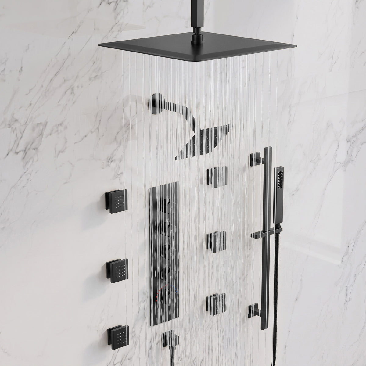 Ceiling-Mounted Thermostatic Dual Rainfall Shower System with Handheld