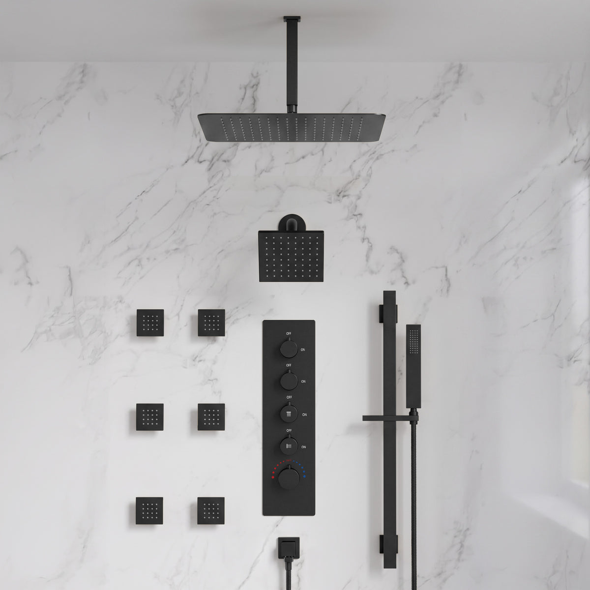 Ceiling-Mounted Thermostatic Dual Rainfall Shower System with Handheld