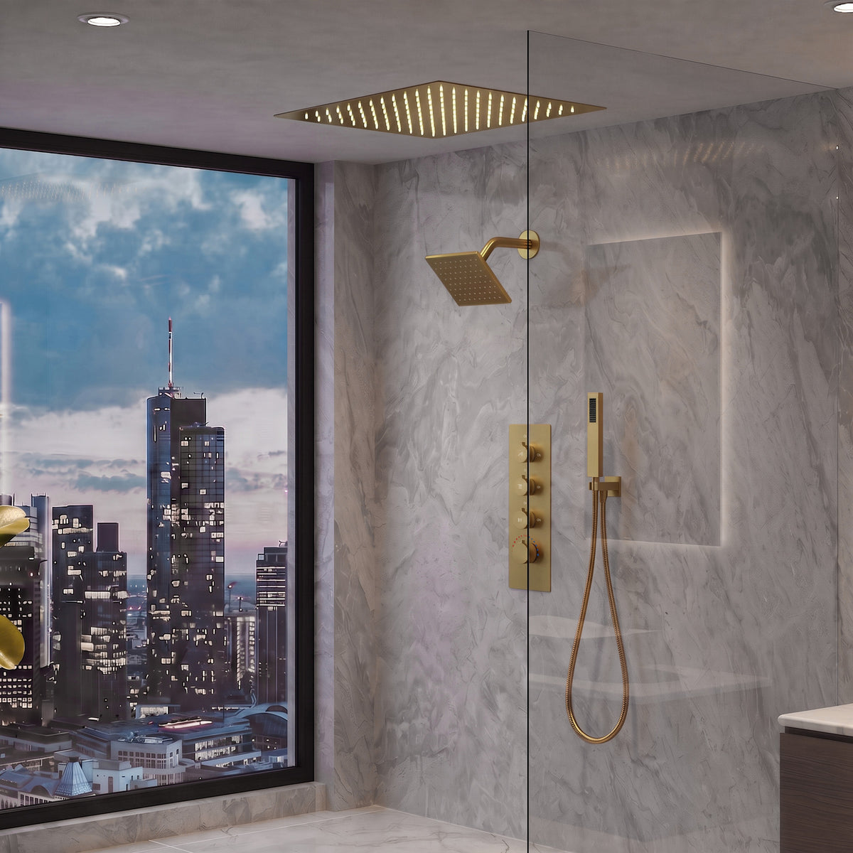 LED Ceiling-Mounted Thermostatic Dual Shower System with Handheld