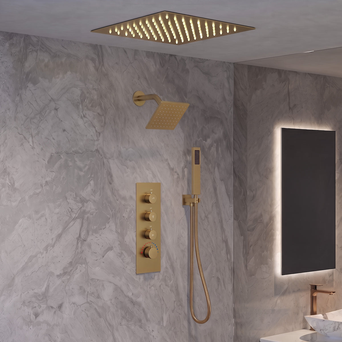 LED Ceiling-Mounted Thermostatic Dual Shower System with Handheld