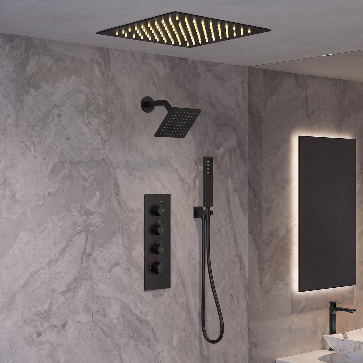 LED Ceiling-Mounted Thermostatic Dual Shower System with Handheld