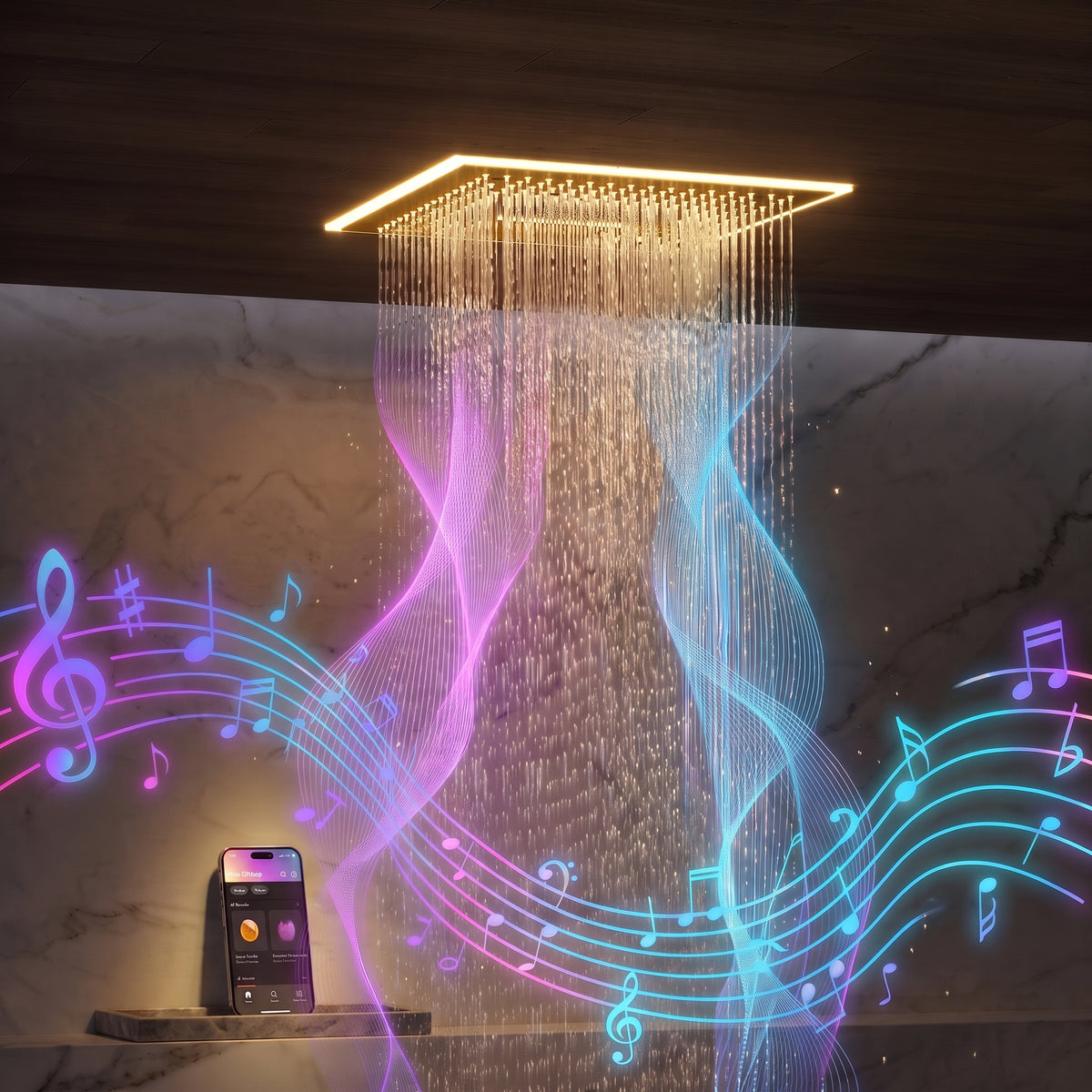 LED Music Ceiling-Mounted Dual-Head Shower System with Body Jets