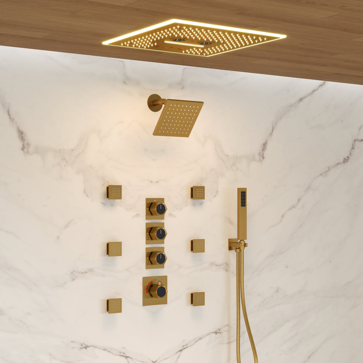 LED Music Ceiling-Mounted Dual-Head Shower System with Body Jets