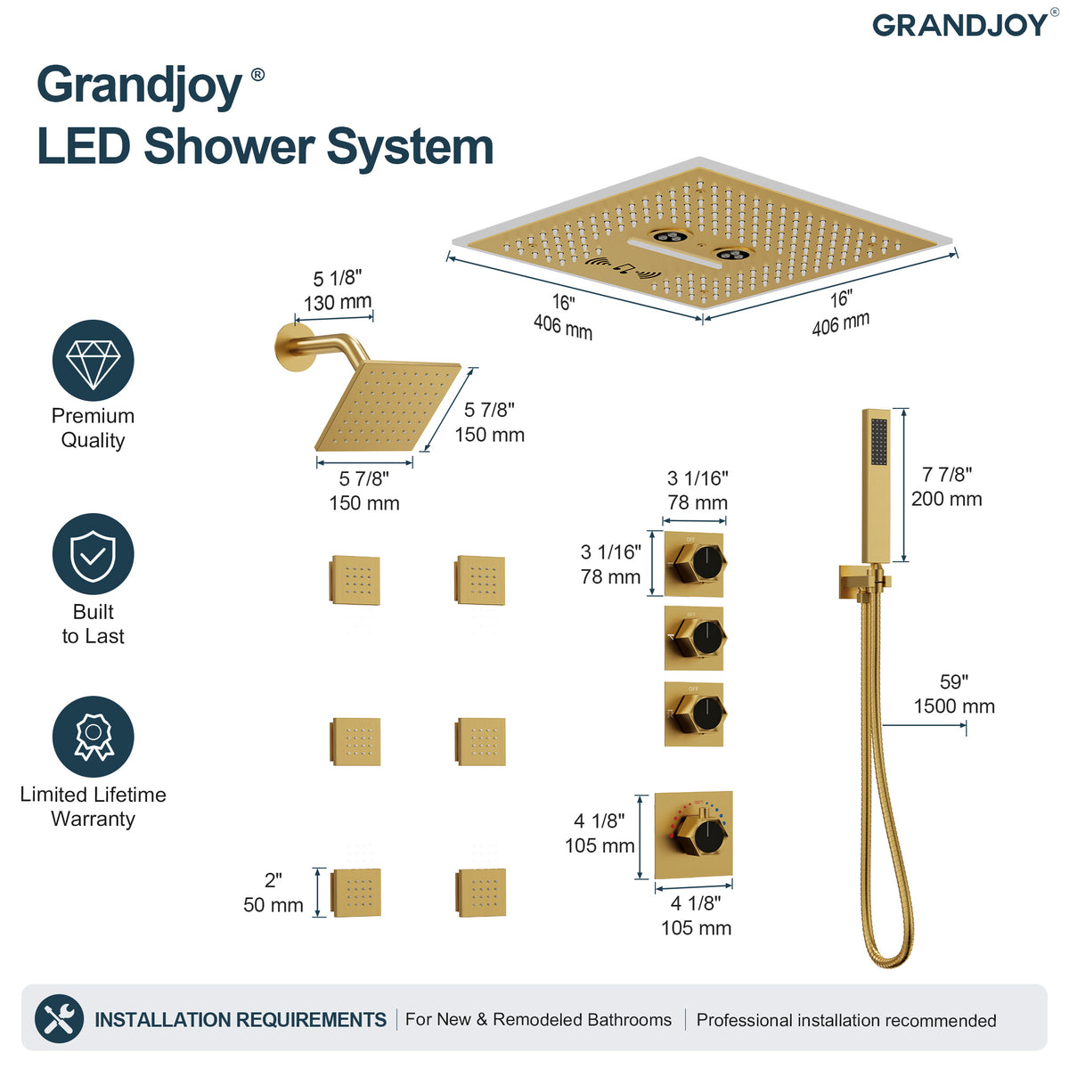 LED Music Ceiling-Mounted Dual-Head Shower System with Body Jets