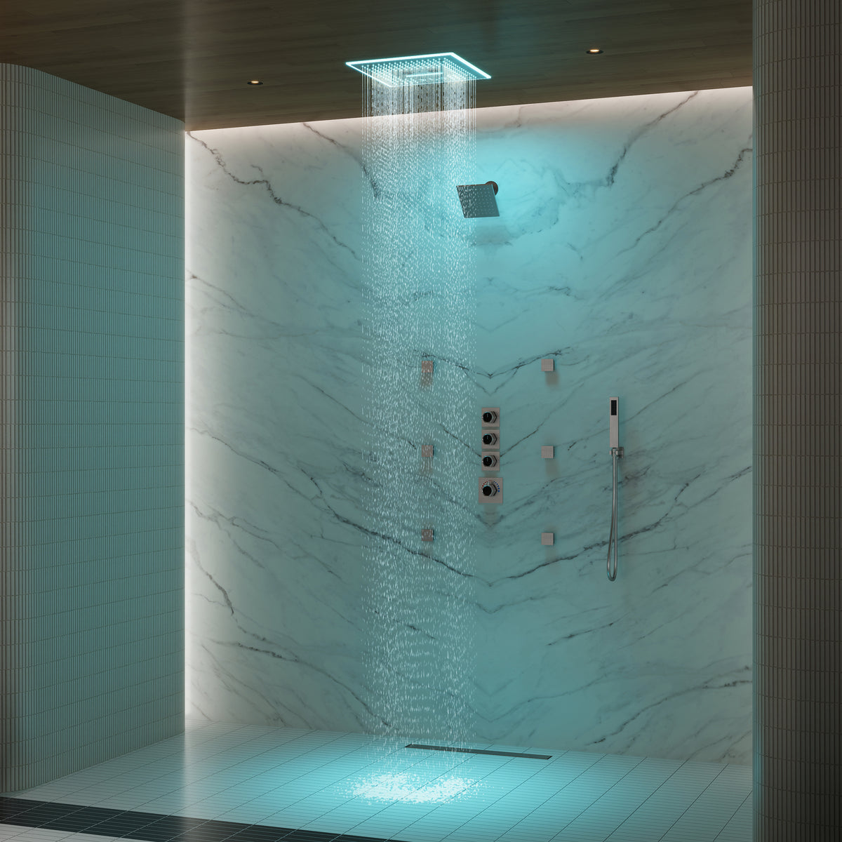 LED Music Ceiling-Mounted Dual-Head Shower System with Body Jets