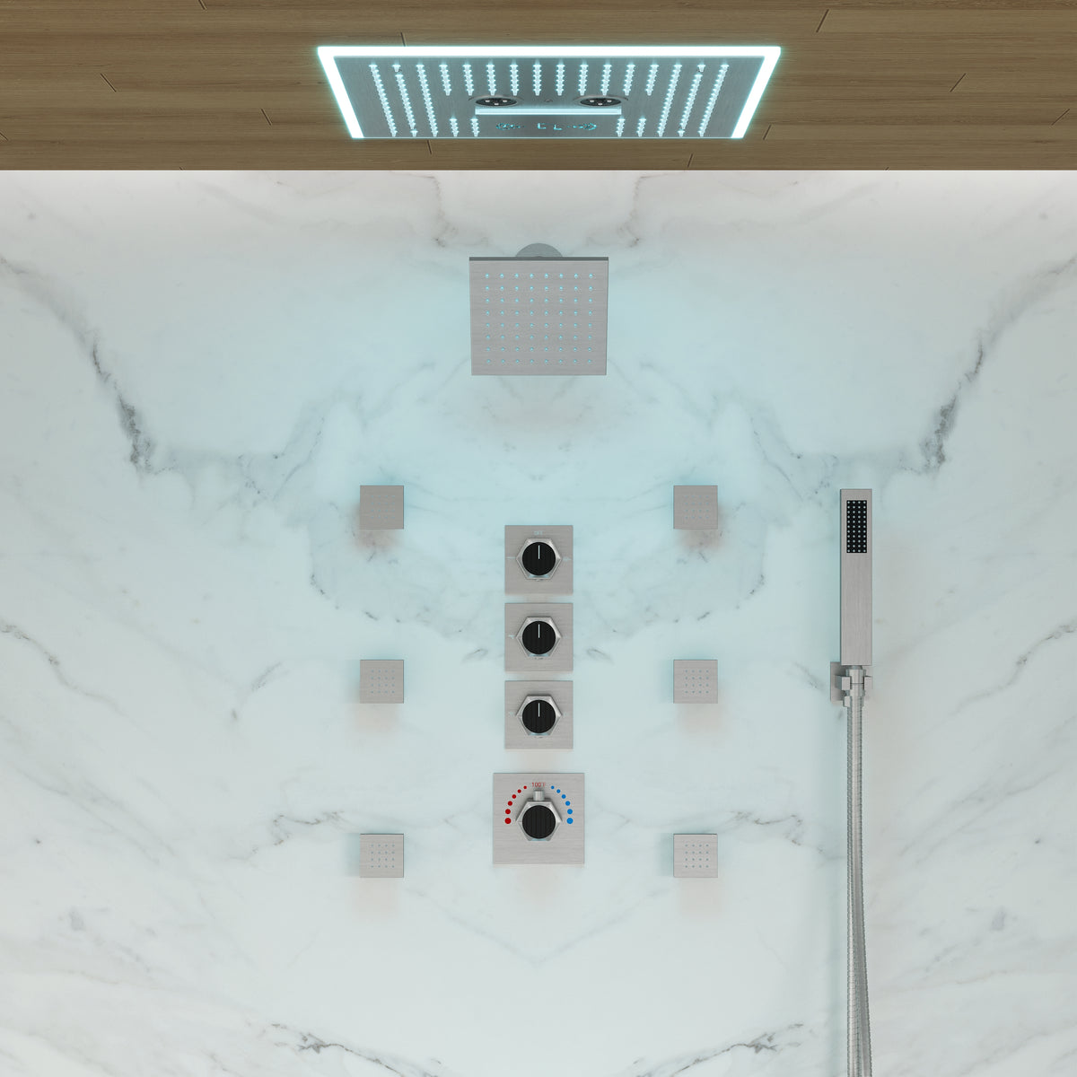 LED Music Ceiling-Mounted Dual-Head Shower System with Body Jets