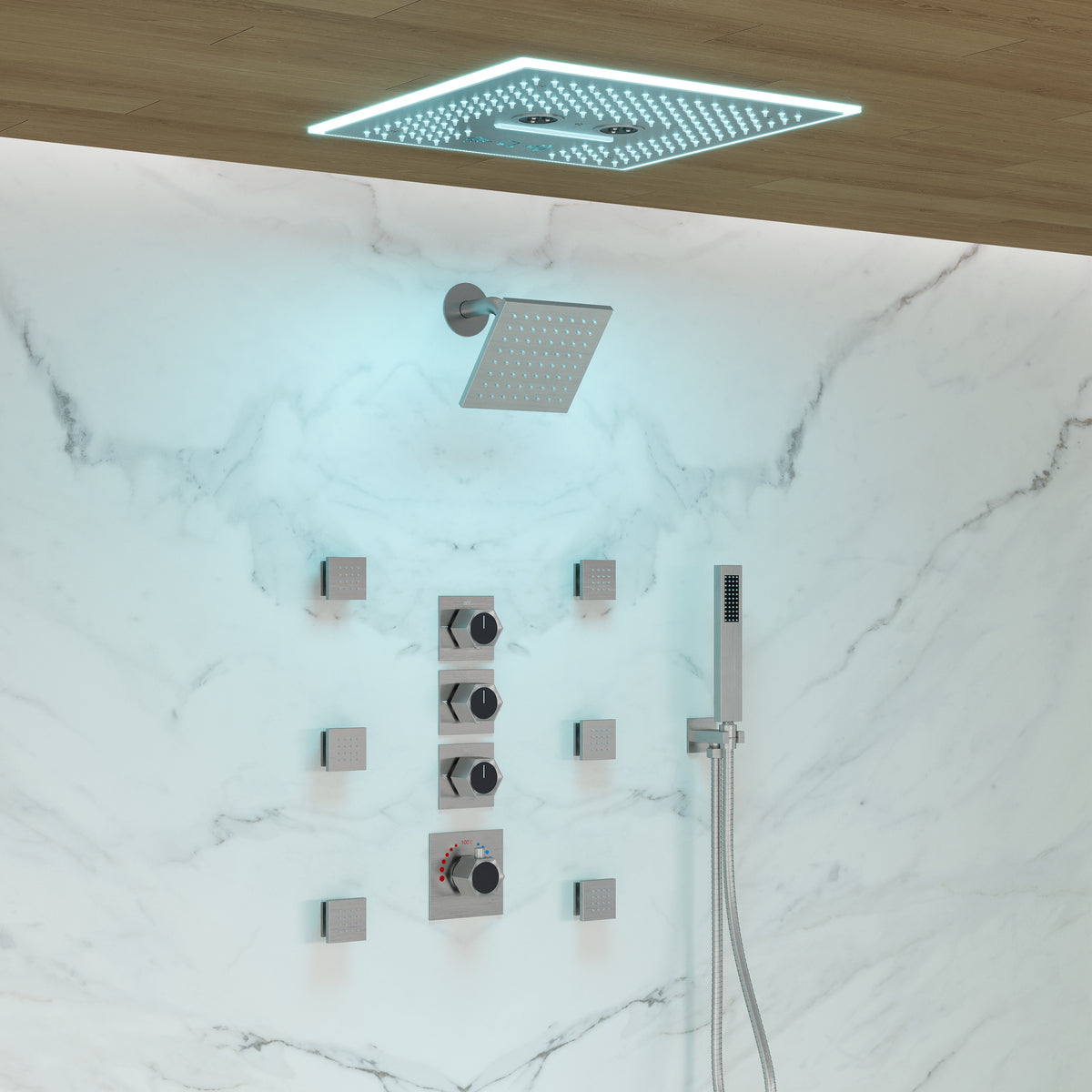 LED Music Ceiling-Mounted Dual-Head Shower System with Body Jets