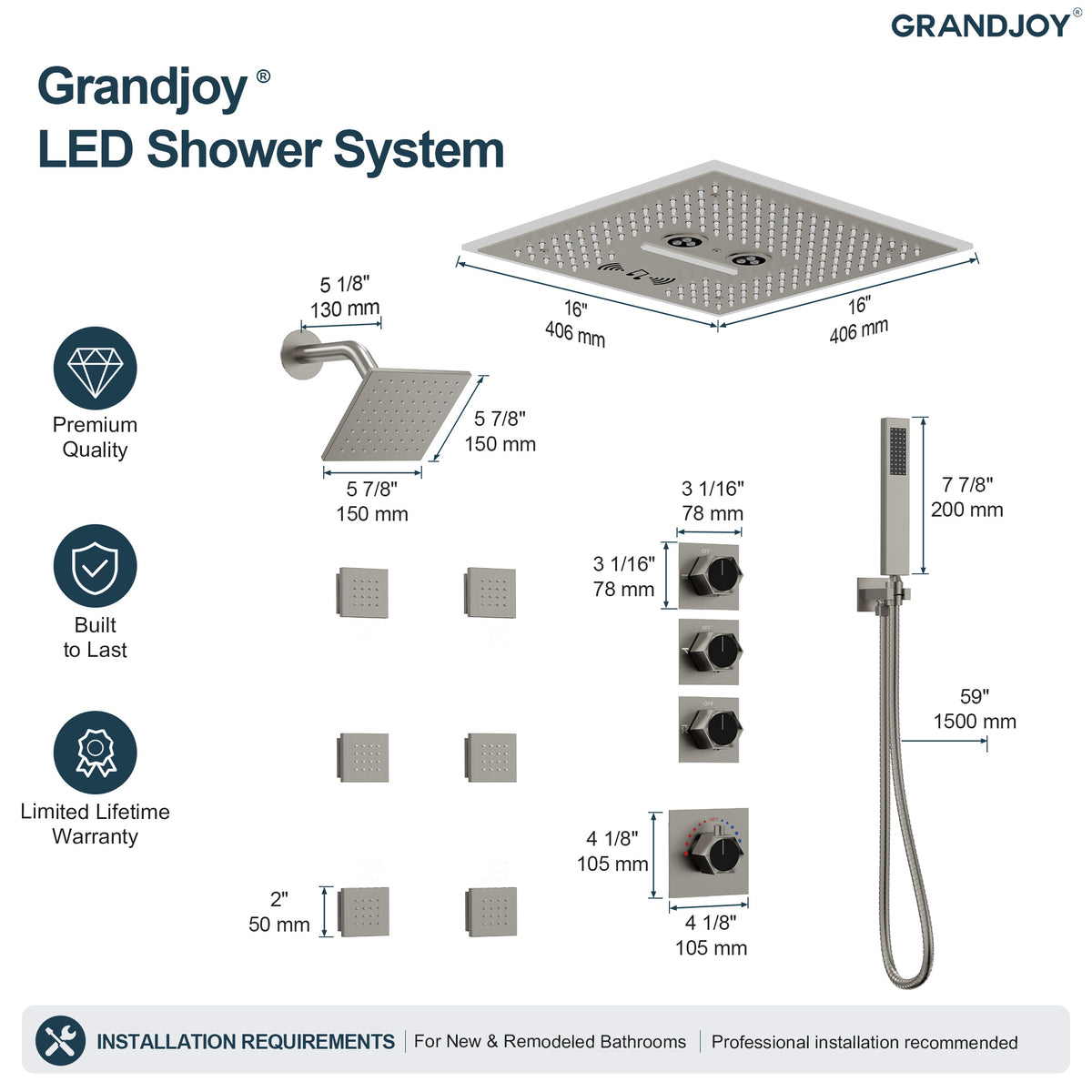 LED Music Ceiling-Mounted Dual-Head Shower System with Body Jets