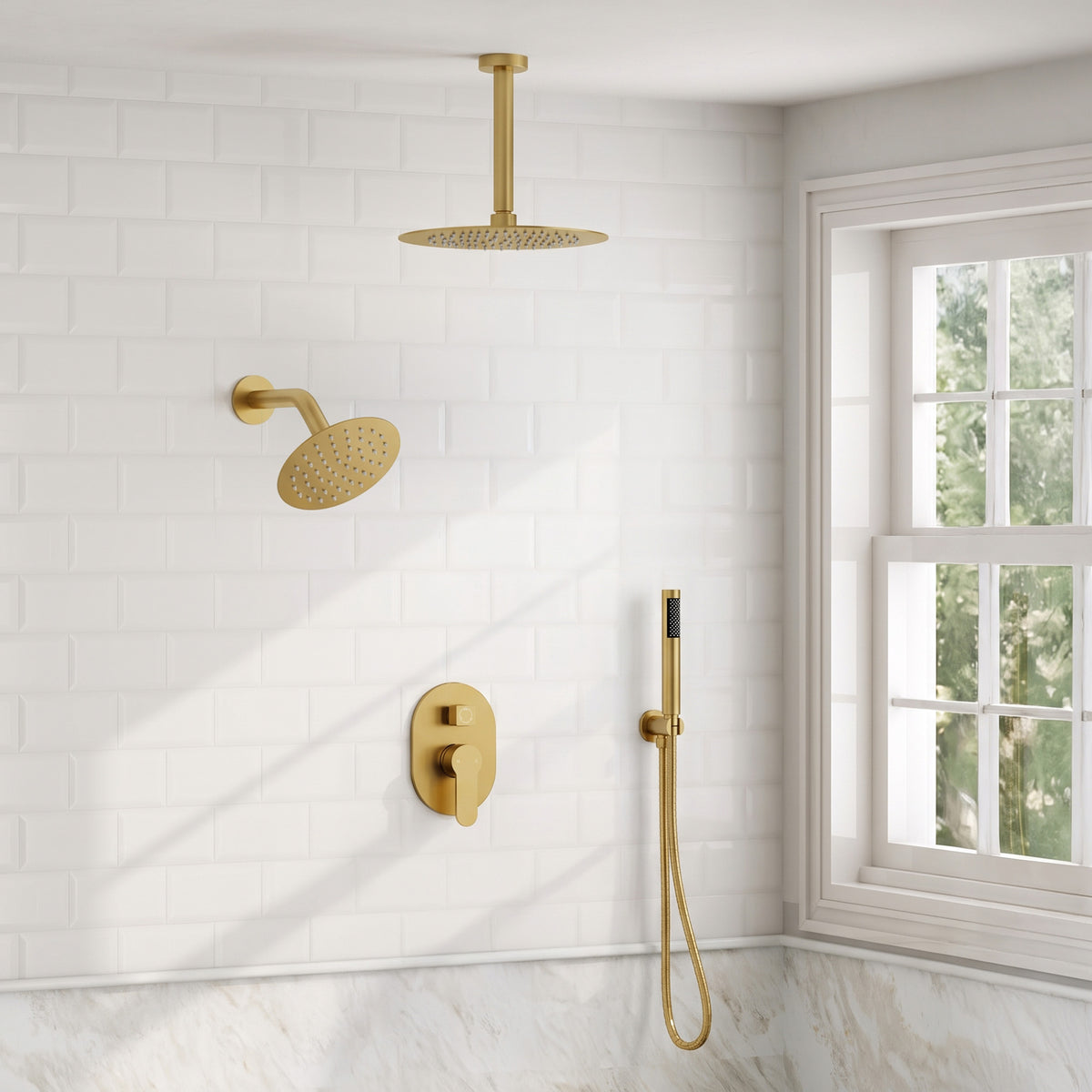 Ceiling-Mounted Dual Round-Head Shower System with Adjustable Handheld