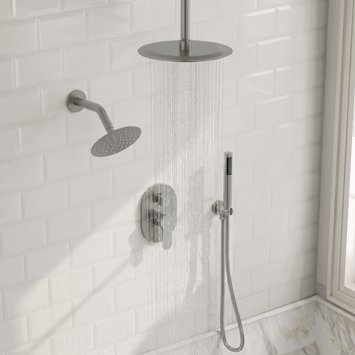 Ceiling-Mounted Dual Round-Head Shower System with Adjustable Handheld