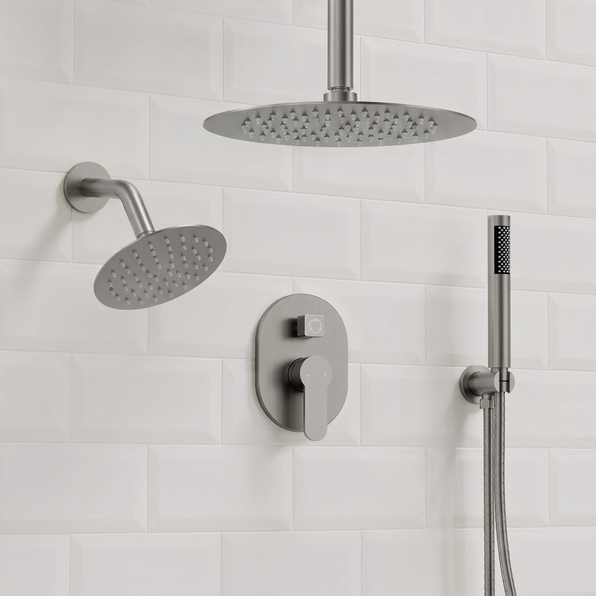 Ceiling-Mounted Dual Round-Head Shower System with Adjustable Handheld