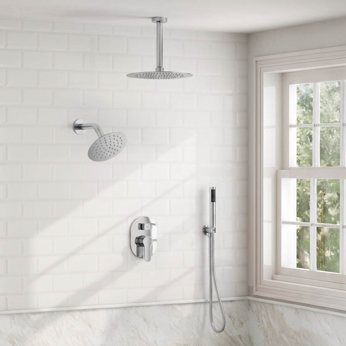 Ceiling-Mounted Dual Round-Head Shower System with Adjustable Handheld