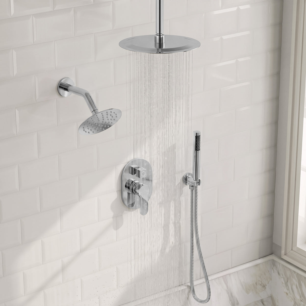 Ceiling-Mounted Dual Round-Head Shower System with Adjustable Handheld