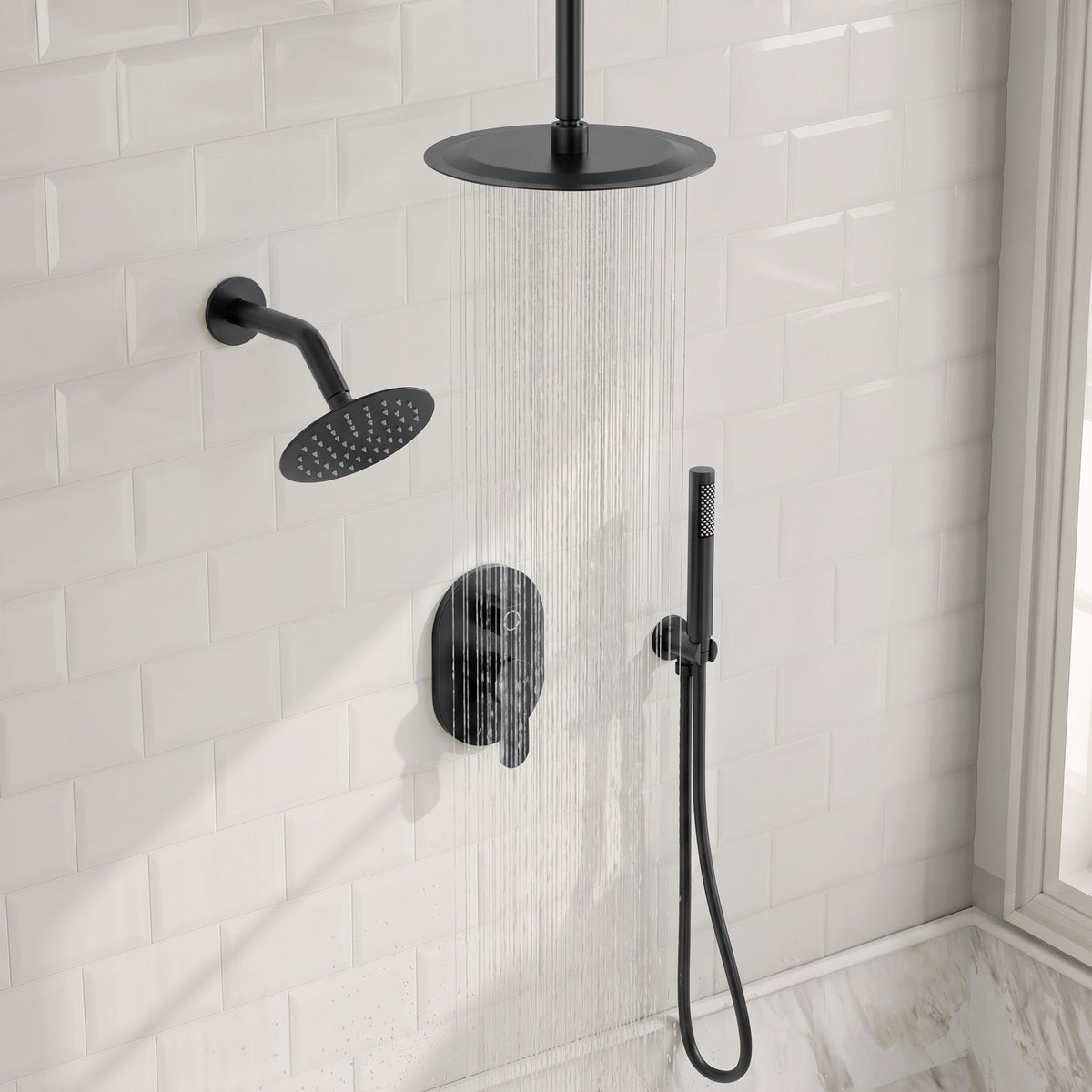 Ceiling-Mounted Dual Round-Head Shower System with Adjustable Handheld
