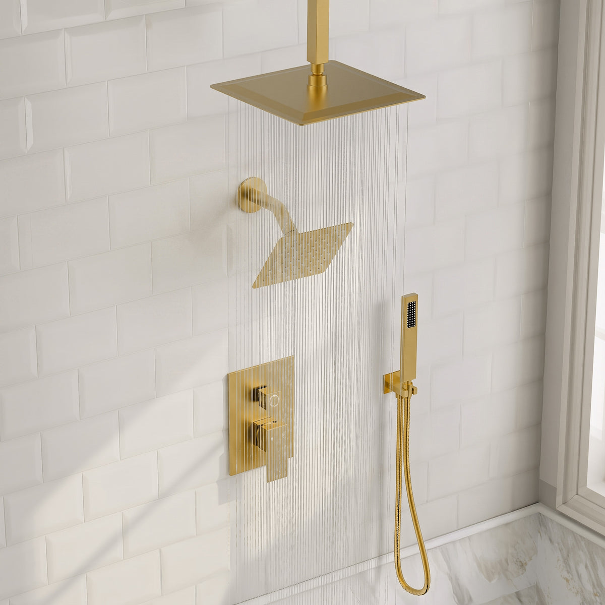 Square Ceiling-Mounted Dual Shower System with Handheld Spray
