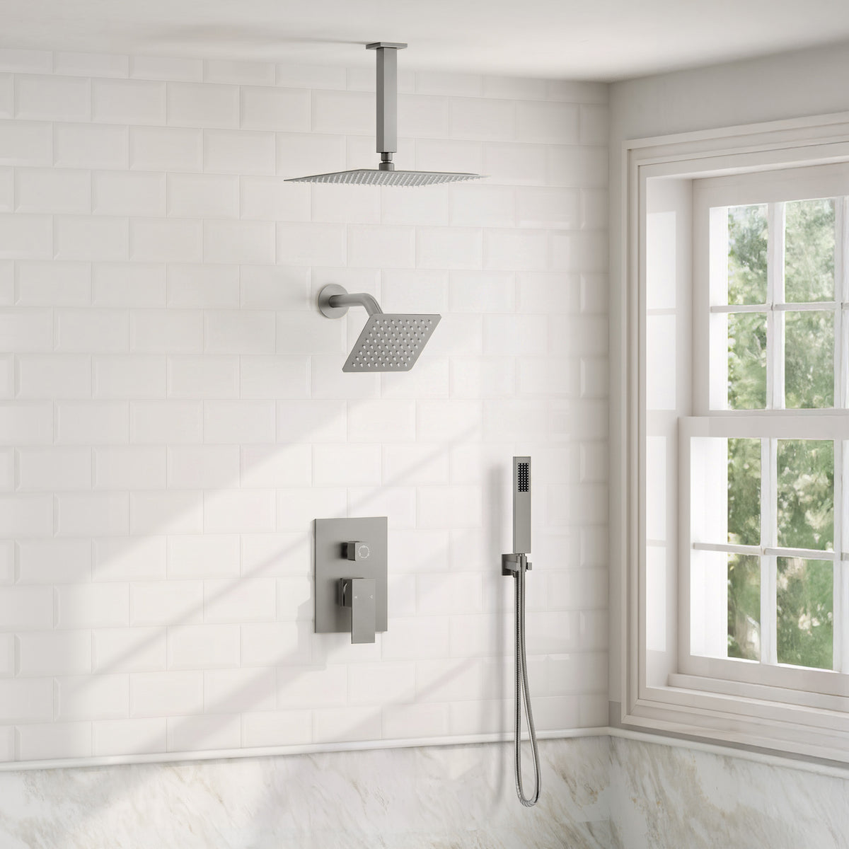 Square Ceiling-Mounted Dual Shower System with Handheld Spray