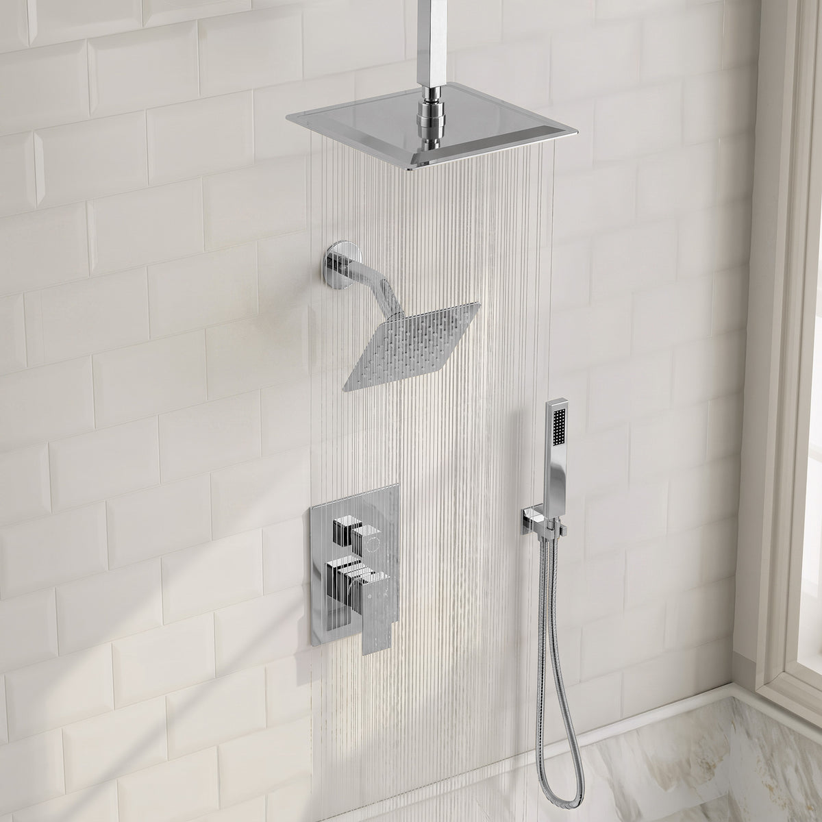 Square Ceiling-Mounted Dual Shower System with Handheld Spray
