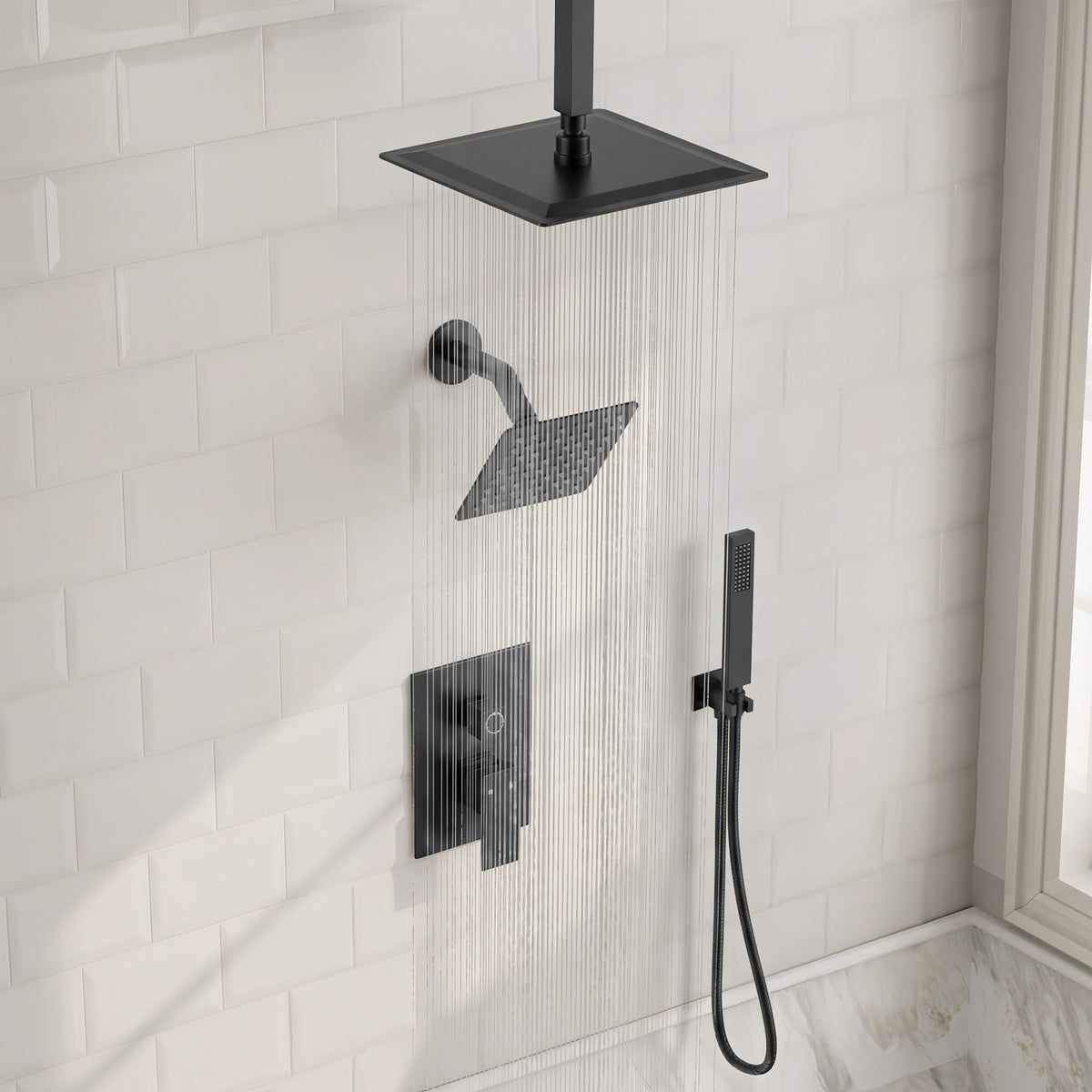 Square Ceiling-Mounted Dual Shower System with Handheld Spray