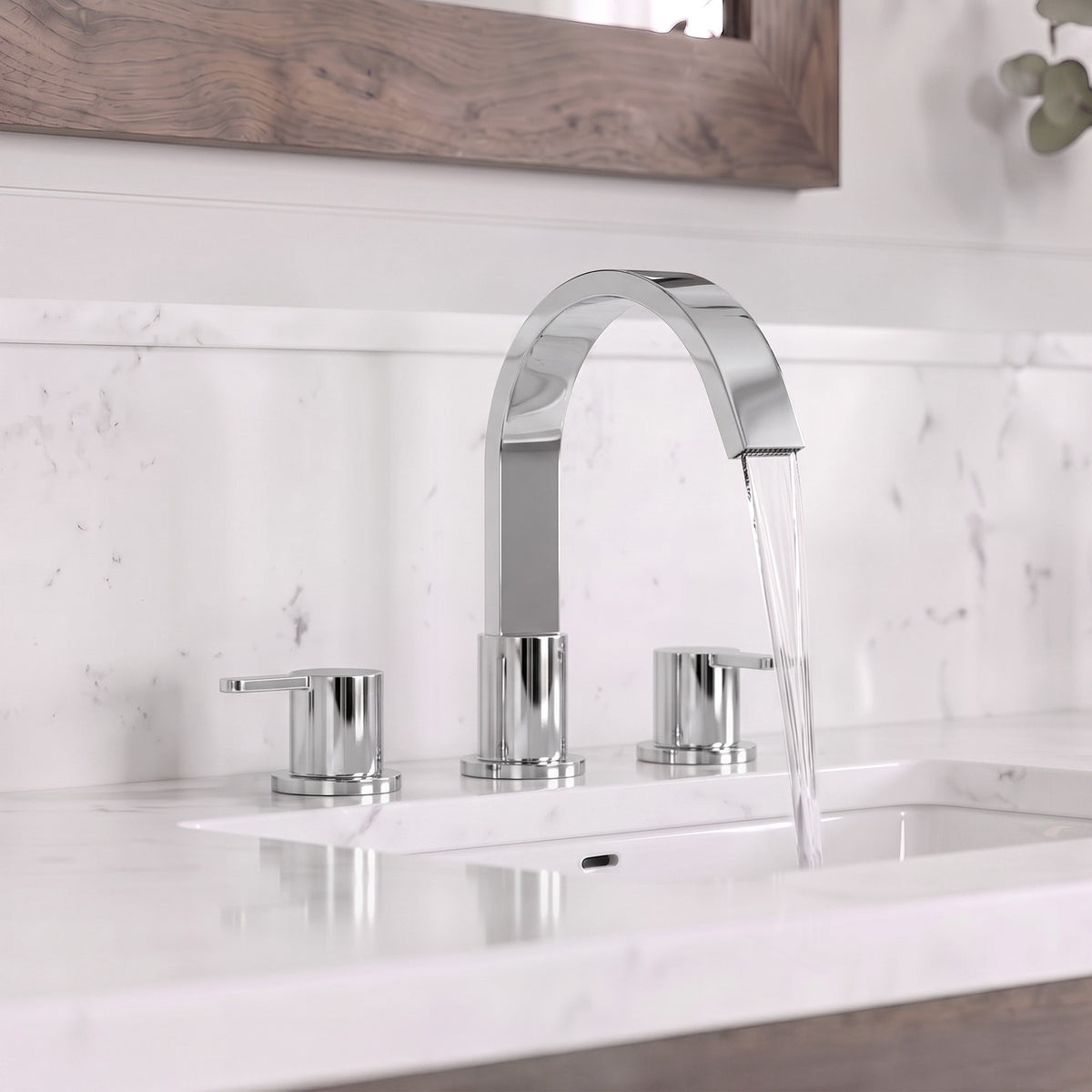 Two-Handle Waterfall Widespread Bathroom Sink Faucet With Pop-Up Drain