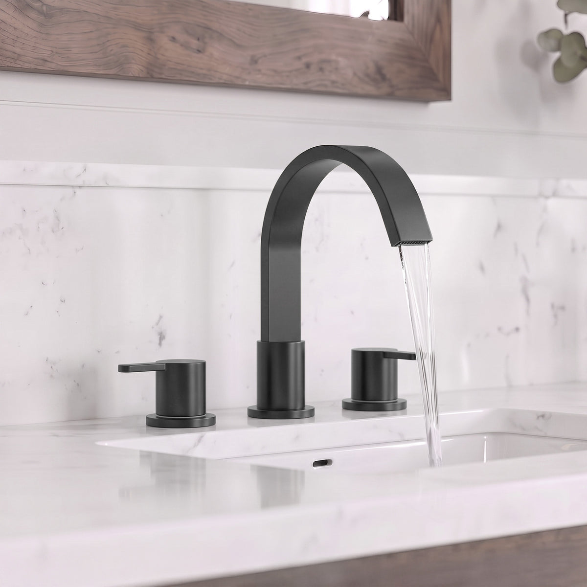 Two-Handle Waterfall Widespread Bathroom Sink Faucet With Pop-Up Drain