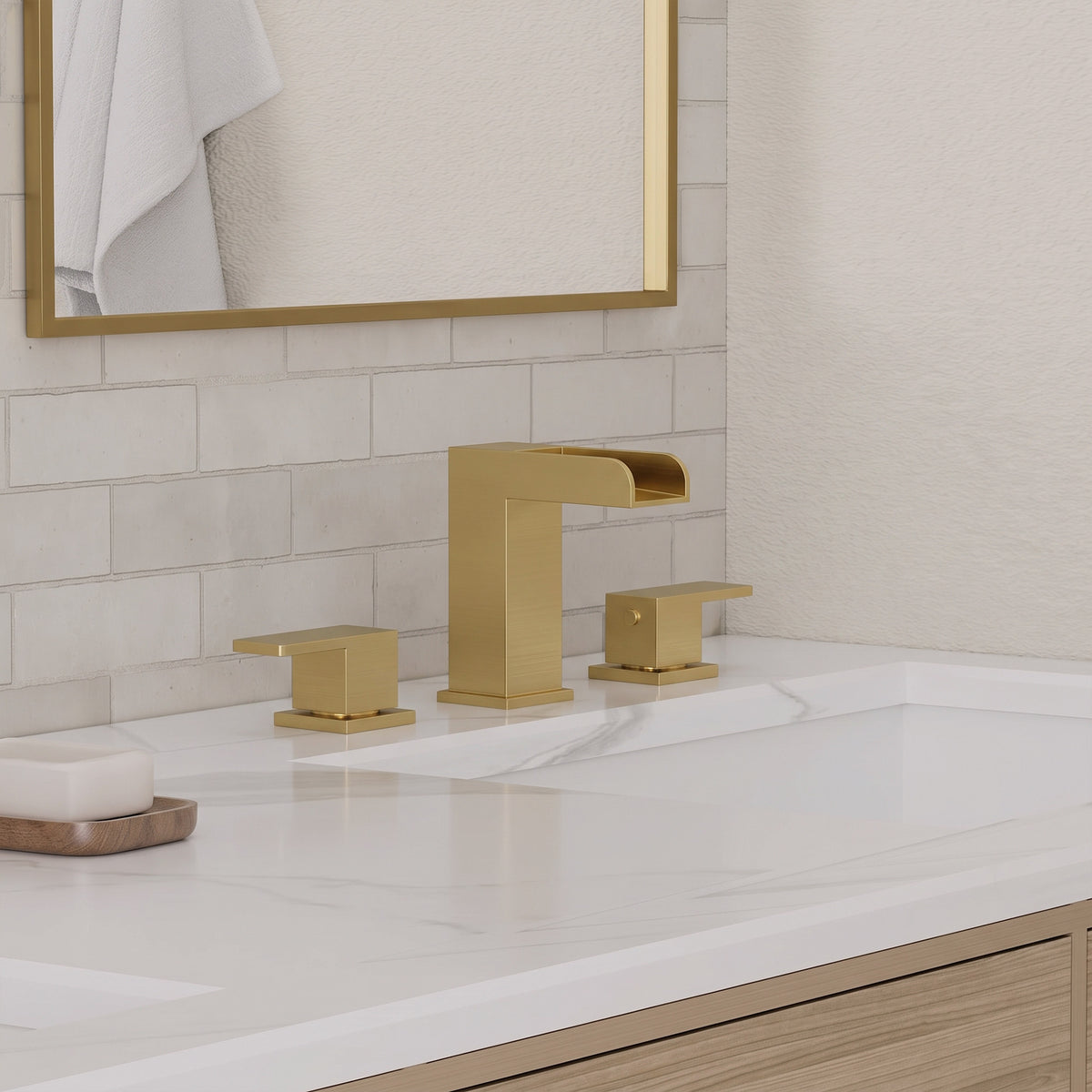 Two-Handle Waterfall Widespread Bathroom Sink Faucet With Pop-Up Drain