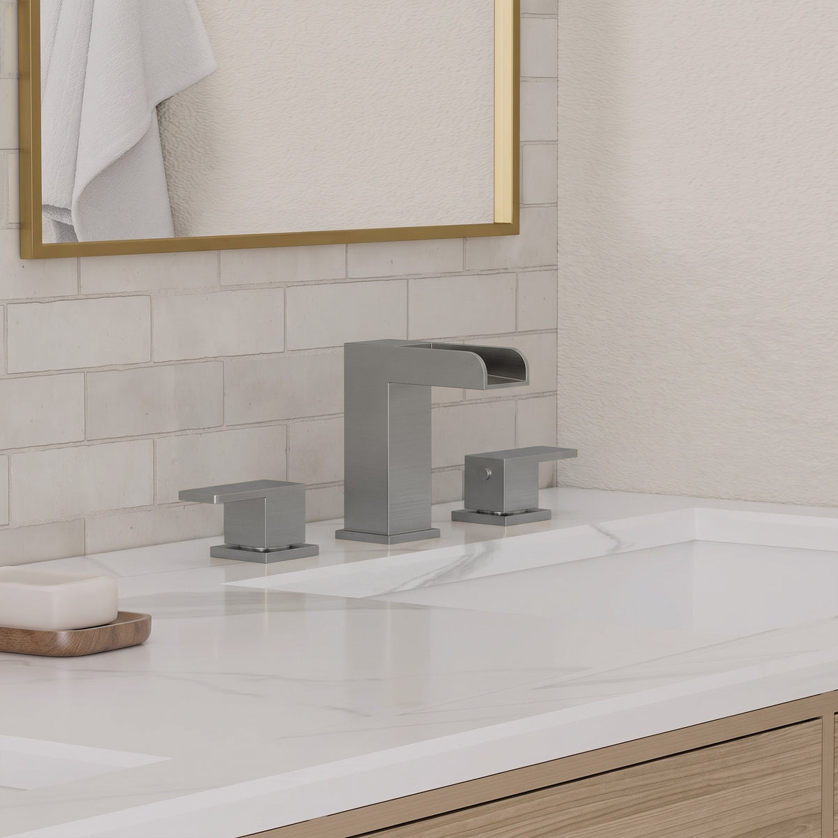Two-Handle Waterfall Widespread Bathroom Sink Faucet With Pop-Up Drain